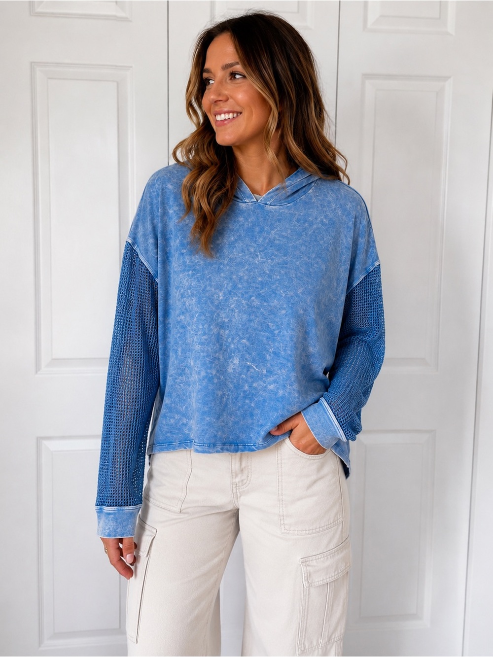 Hashttag Women’s Blue Washed Hoodie with Mesh Sleeves Size Large